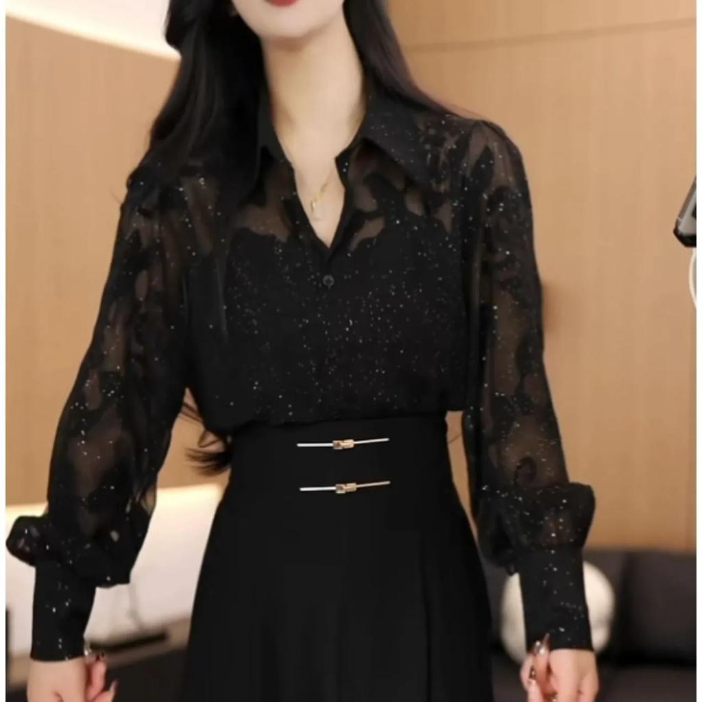 Women's Spring Slimming Elegant Sun Protection Shirt Long-Sleeve Sequined Black Blouse
