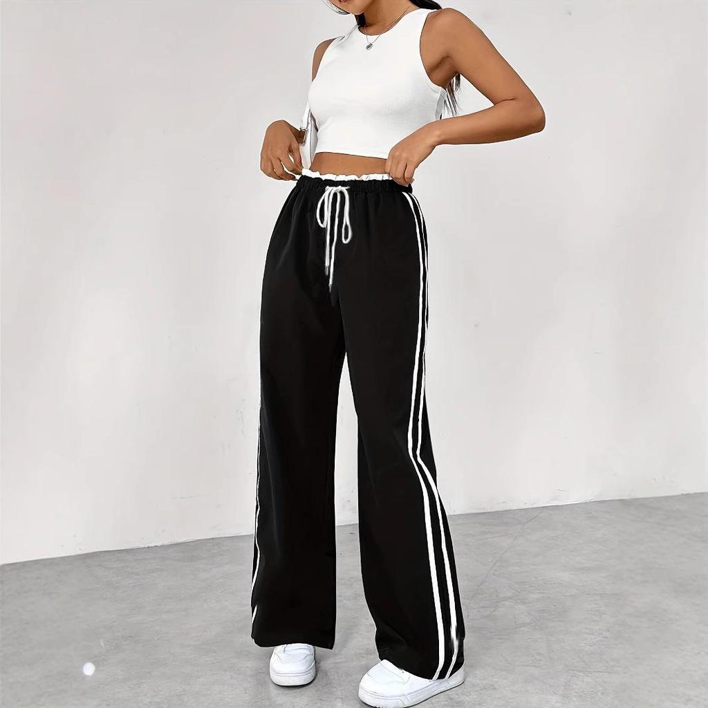New EU & US Style Black Elastic Waist Straight-Leg Sports Pants - Women's Autumn/Winter Casual Trousers