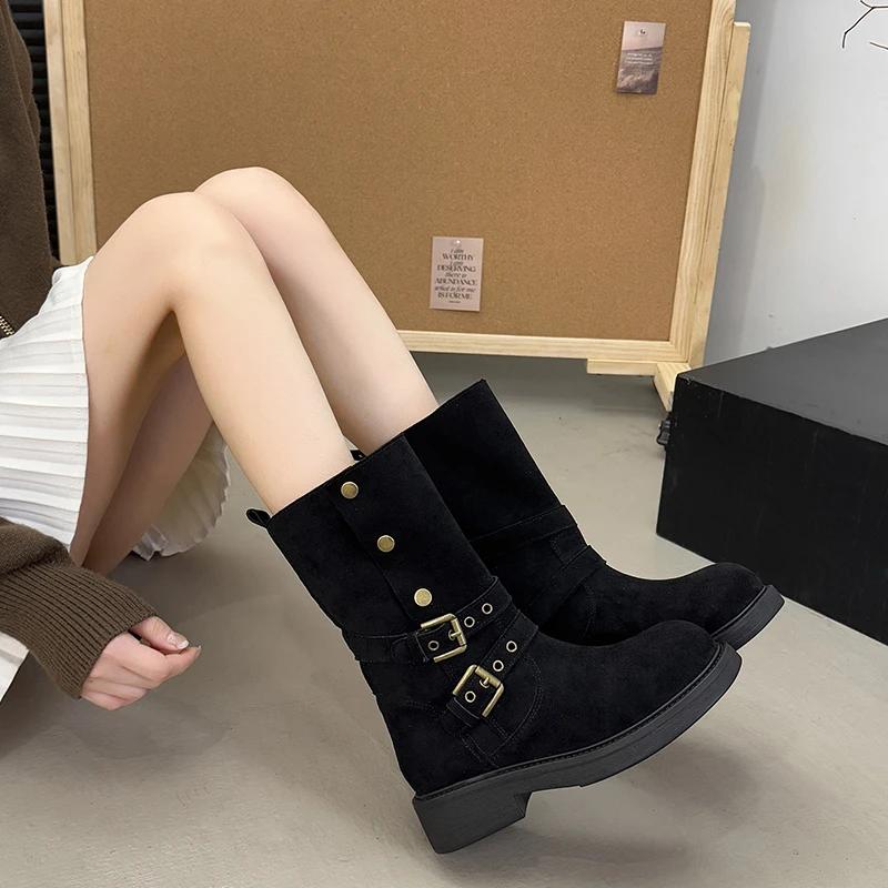 Shoes for Women 2025 New Autumn Retro Half Boots Advanced Sense Casual Concise Square Heel Round Toe Solid Women's Boots