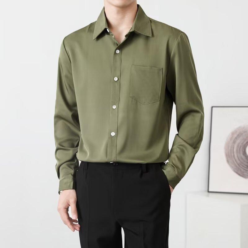 2025 İlkbahar Sonbahar Erkek Düz Renk Günlük Gömlekler Erkek Siyah Slim Fit Turn Down Yaka Gömlek Erkek İş Gömleği