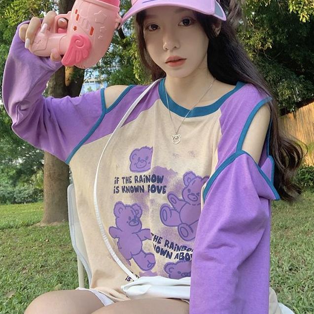 2KWEIRD  Contrast Color Loose T-shirts Cute Casual O Neck Chic Fashion Tops Kawaii Women Long Sleeve Sexy Tshirts