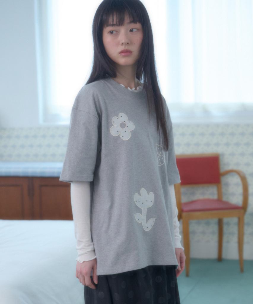 AMBLER See-Through Flower Embroidered Short Sleeve T-Shirt As1305 (Melange)