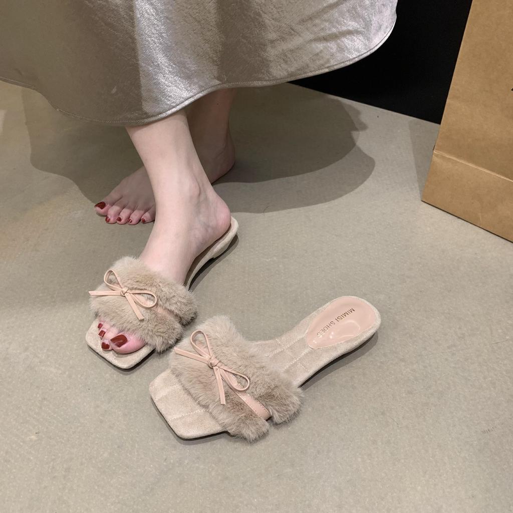 French Bow Square Head Fluffy Slippers Women's Outer Wear 2025 New Autumn Indoor Flat One-word Cotton Slippers