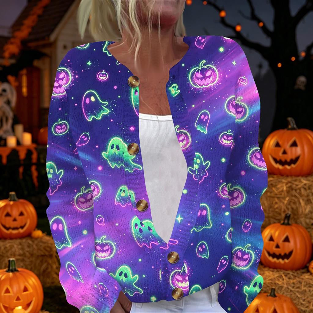Damen Halloween Print Langarm Strick Cardigan Knopfleiste Pullover Mantel Leichte Oberbekleidung für Herbst und Winter