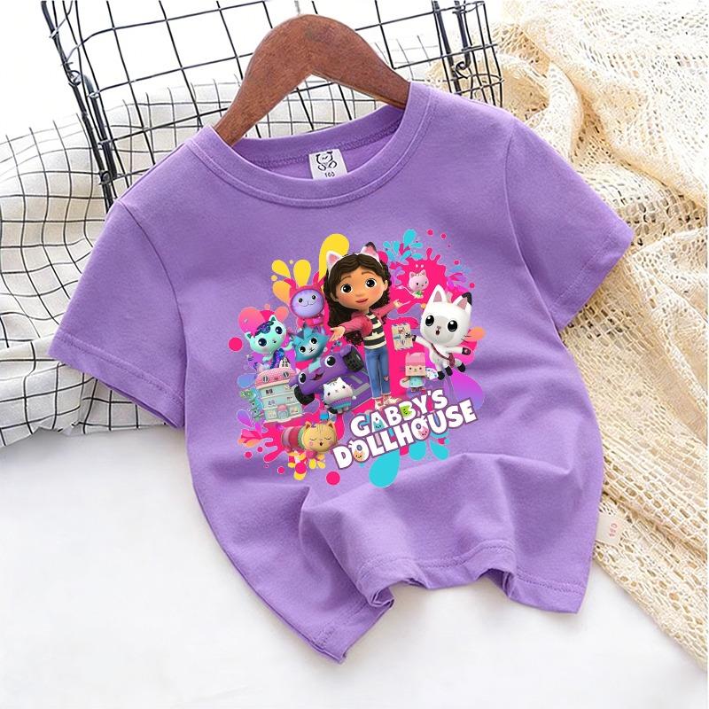 Gabbys Dollhous Child Cotton T-shirt Short Sleeve Anime Cartoon Print Girl Toddler Tees Streetwear Casual Kids Cute Clothes Tops