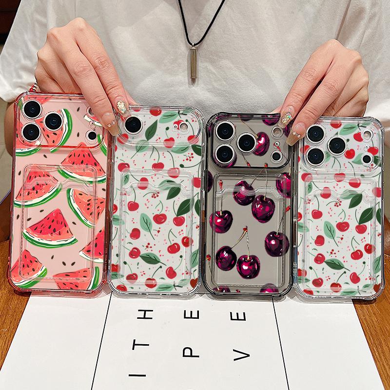 Card Slot Pocket TPU Case For iPhone 17 16 Pro 15 14 13 Pro Max 11 Shockproof Cartoon Fruits Pattern Soft Silicone Phone Cover