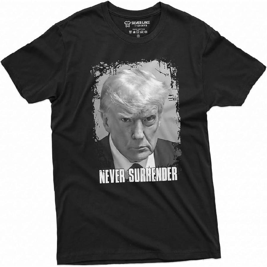 Black Cotton T-Shirt with Never Surrender Motto and Vintage Portrait Print - Motivational Casual Tee S