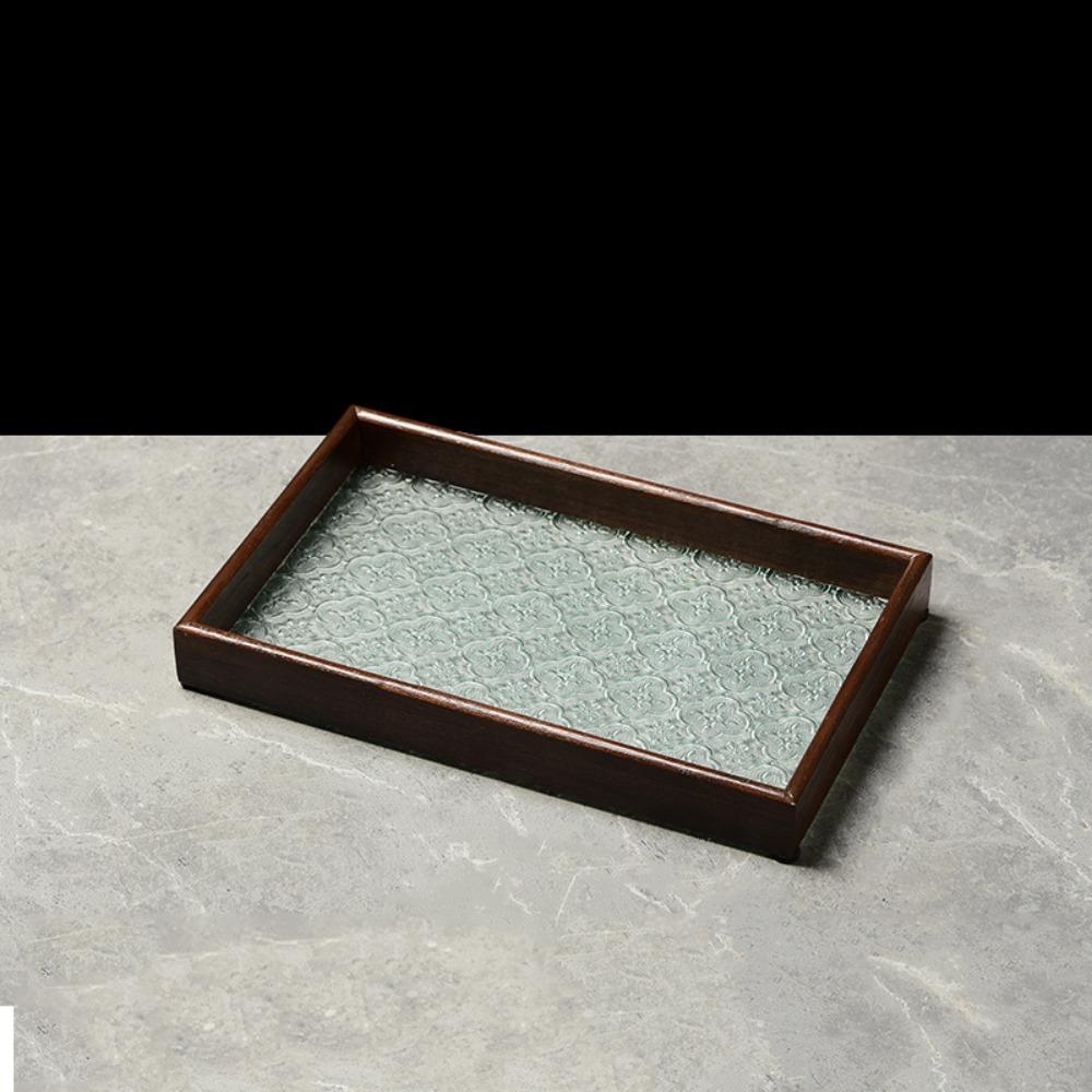 Simple Begonia Embossed Glass Tray Wooden Storage Display Plates Multi-Function Tea Tray  Desk