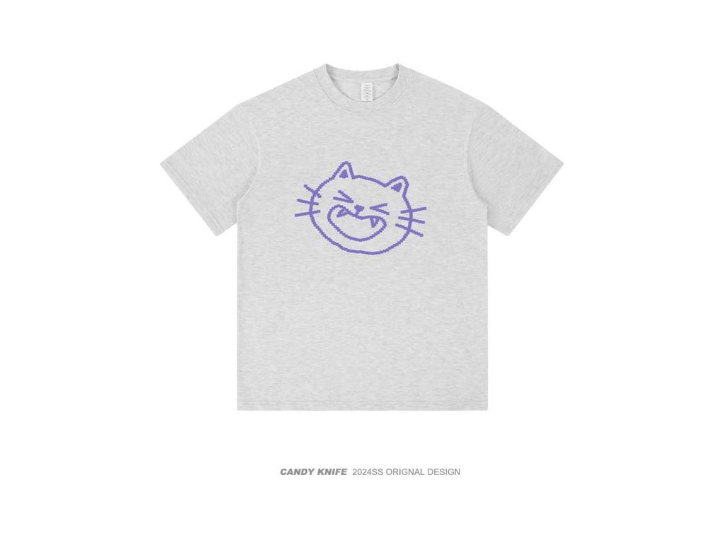 American Street Kitten Print Loose Short Sleeve Round Neck Summer T-Shirt for Couples