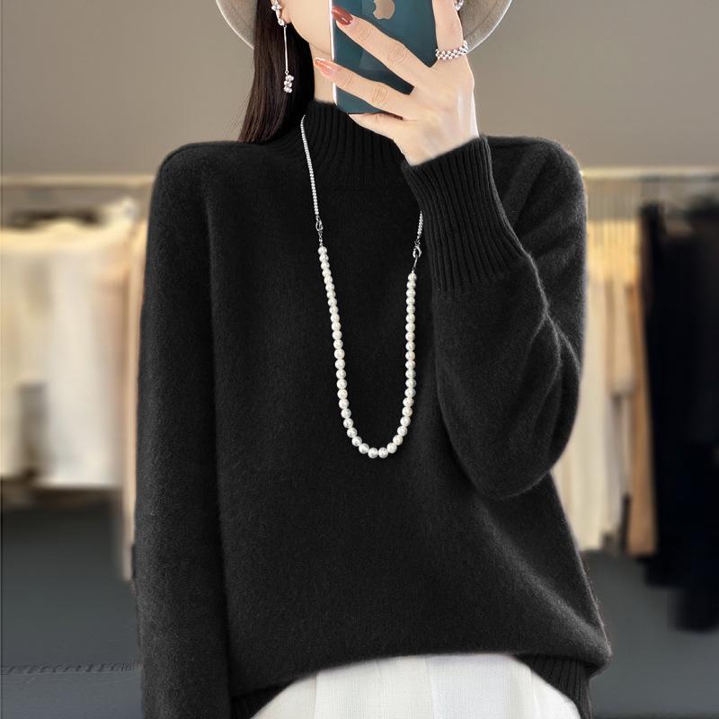 Women's Pure Wool Loose Knit Pullover - Long Sleeve, Half-High Collar, Solid Color Sweater Top