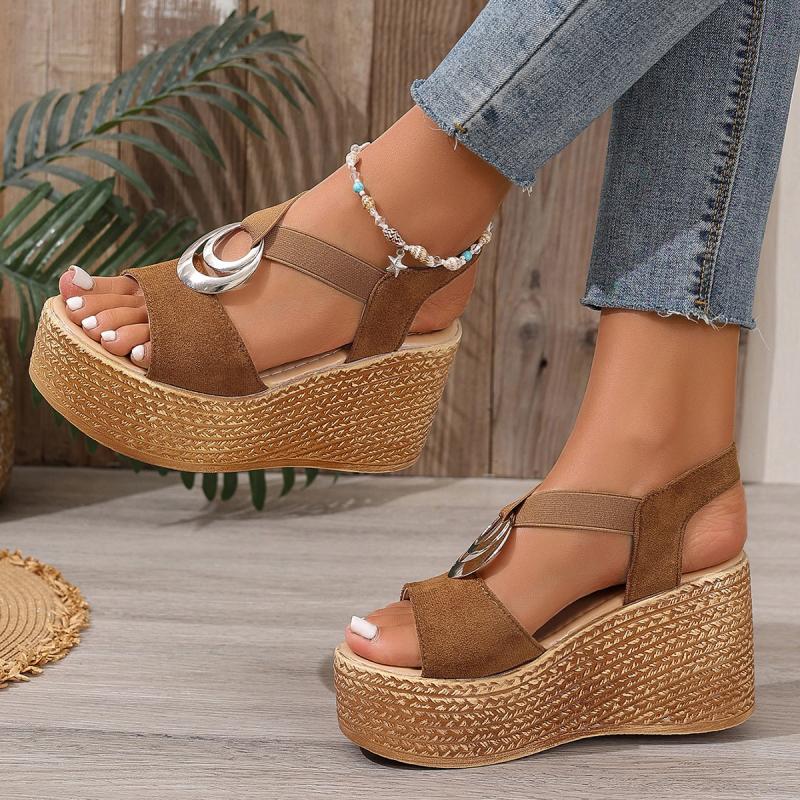Fashion Bohemia Metaldecoration Slip On Sandals Women 2025 Summer Chunky Platform Super High Wedge Heel Sandals Back Strap Beach Shoes