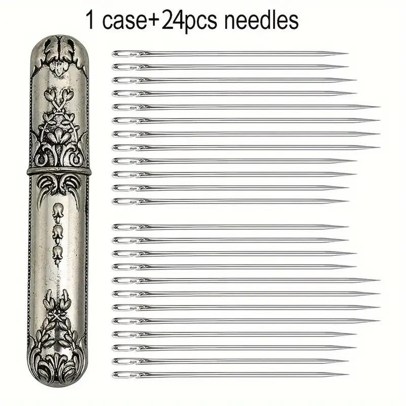 1 Piece Retro Embossed Alloy Needle Box with 24 Pieces Side Threaded Blind Needle Set, Sewing Needle Storage Container, Elegant Craftsmanship