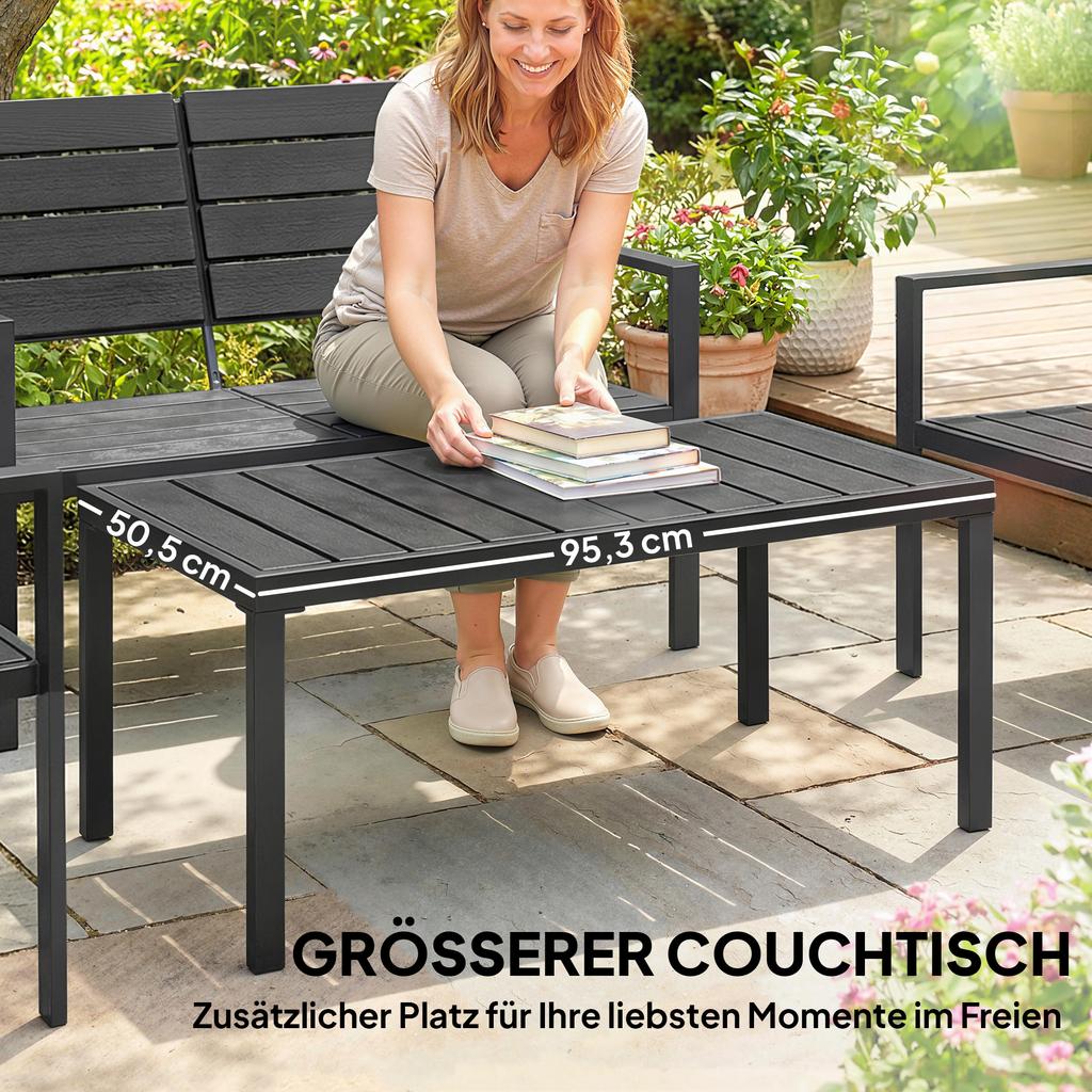 4 Piece Garden Furniture Set, Outdoor Sofa Set with HDPE Slatted Loveseat Armchairs Coffee Table Metal Frame, Black