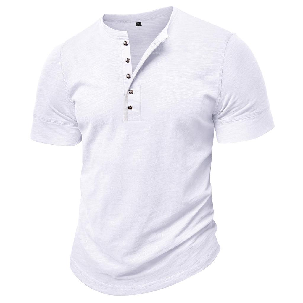 Men’s T-shirts Henley Collar Short Sleeves Cotton Polo Shirts Solid Color Casual Tops
