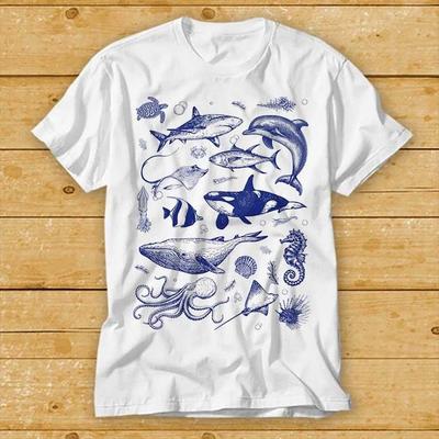 230 Gsm 100% Algodão Natureza Oceânica Animal Marinho Baleia Orca Tartaruga Golfinho Camiseta Cult Movie Retrô Vintage Música Top Camiseta 2401