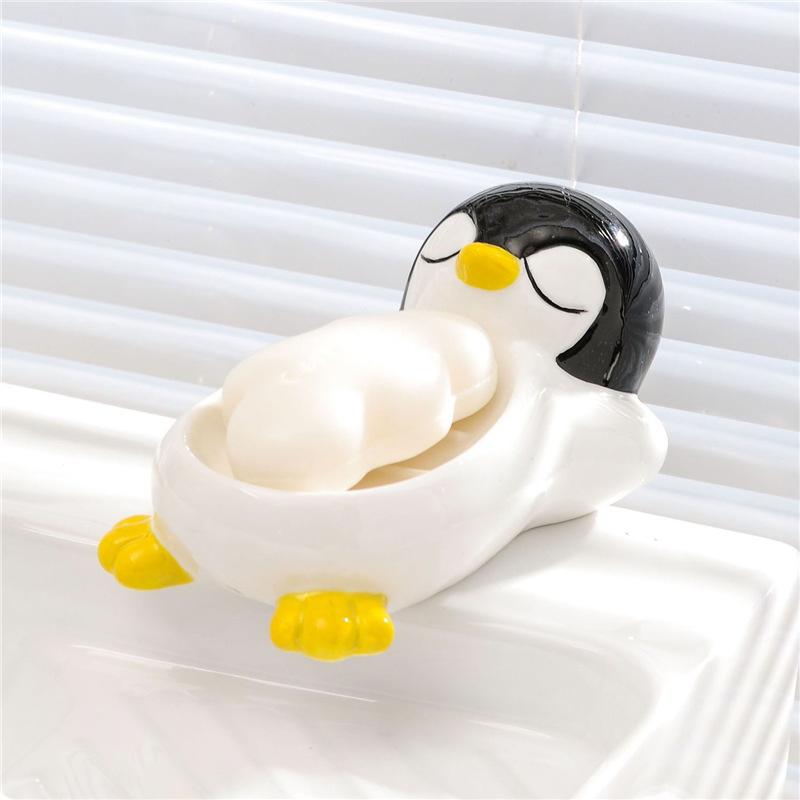 1 Stück Seifenkiste in Pinguinform aus Keramik, Ablaufseifenschale, Badezimmer, Dusche, Seifenhalter, Schwammablage, Küche, Badezimmer-Zubehör