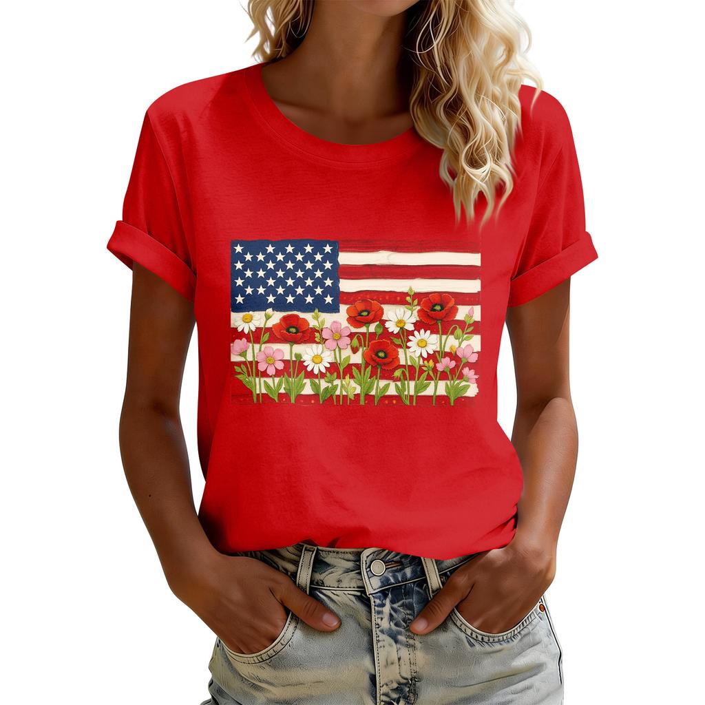 Women's American Floral Patchwork Print Casual T-Shirt 250Th Anniversary USA Shirt Patriotic Tshirt