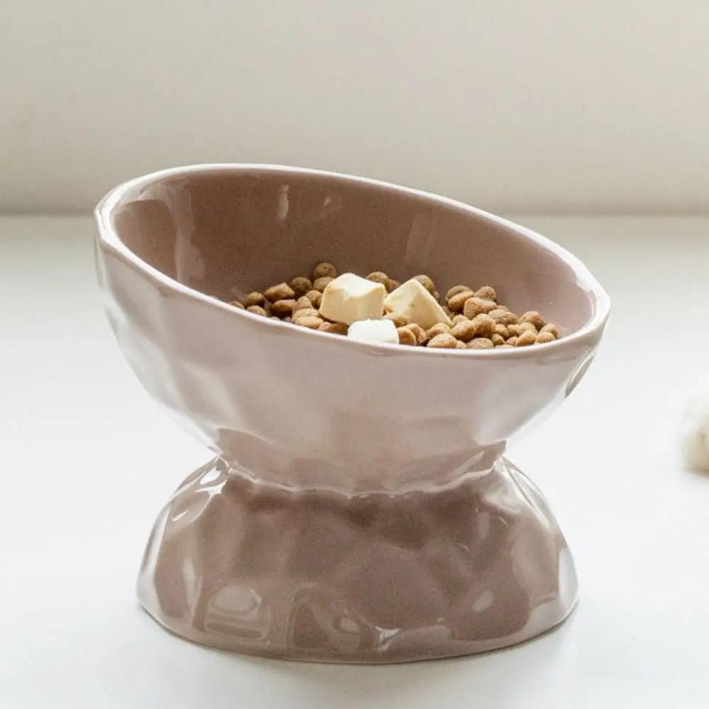 Non-slip Ceramic Pet Bowl High Foot Design, Creative Slanted Flat Mouth Food Water Feeding Basin for Cat Dog