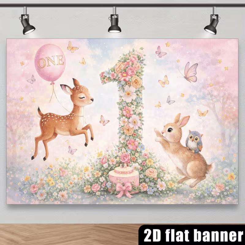 2D Floral Number 1 Backdrop Woodland Baby Birthday Background Cloth