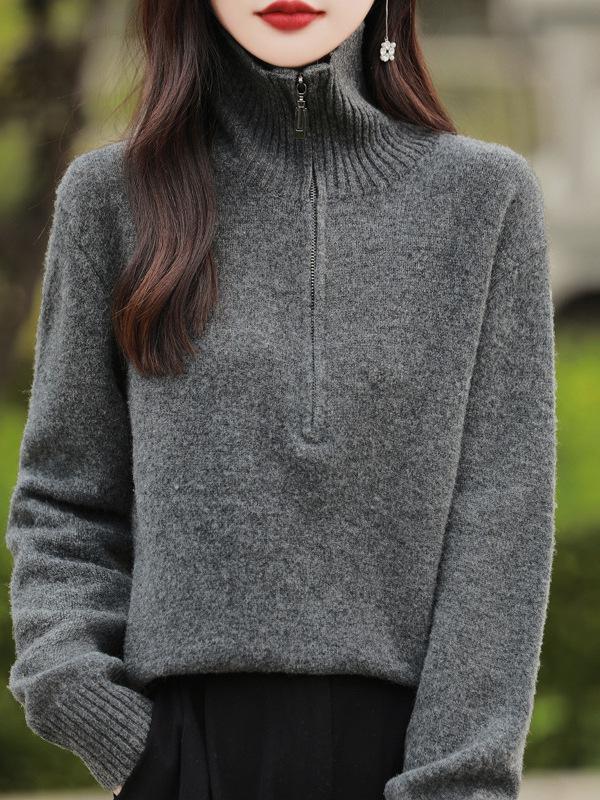 Women's Half-High Neck Wool Sweater: Thickened, Soft, Pure Color Pullover with Half-Zip for Autumn/Winter
