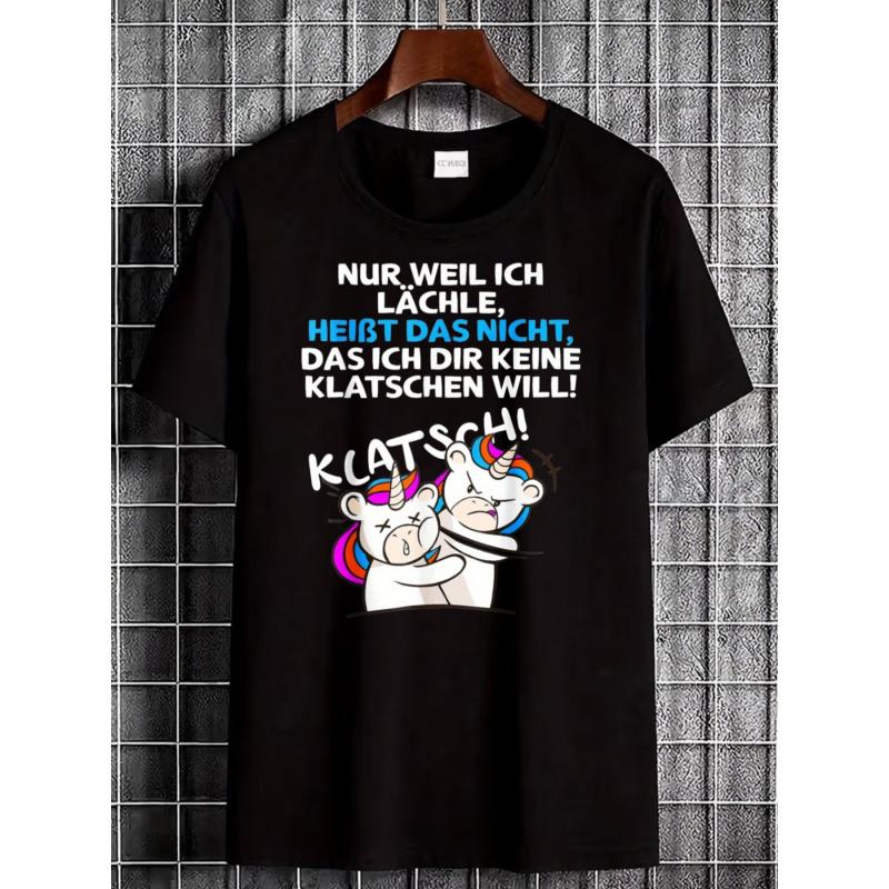 Black T Shirt with Unicorn Slapping Design And German Text for Casual Wear