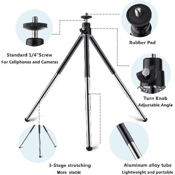 Mini Tripod for Webcam and Phone, 12.4 inch Metal Extendable Webcam Stand with Phone Holder, Small Tripod for Desk