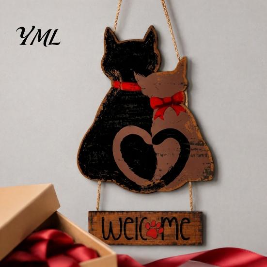 Welcome Sign for Front Door Wooden Hanging Door, Romantic Cat Couple Holiday Porch Pendant, Rustic Farmhouse Wall Decor Outdoor Entryway Decoration