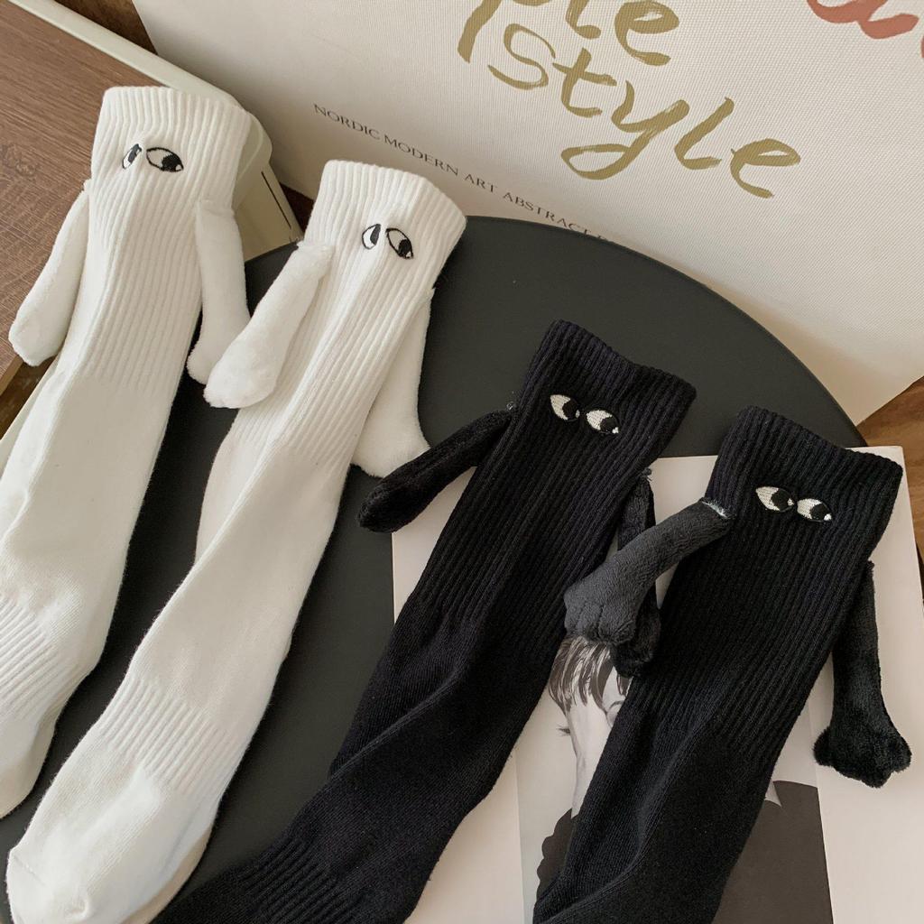 Magnetic Couple Socks with Embroidered Eyes and Holding Hands Design