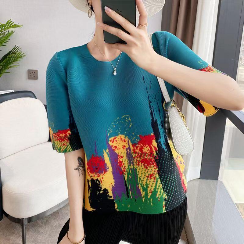 

Wrinkled Spring Clothes Printed Mother Loose Sweater Mid-sleeve Summer Bottoming Shirt S синий