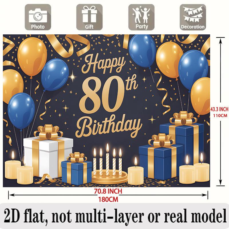 Party Backdrop 80Th Birthday Blue Elegant Flat Banners Golden Balloons Boxes Candles Photo Booth Decor Front Door Decor