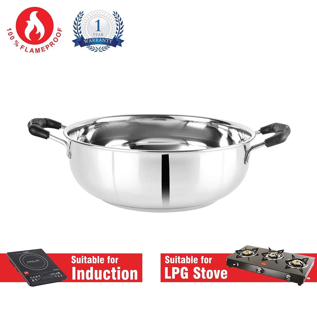 Cello Stainless Steel Induction Kadhai For Gas & Smooth Cooking | 3L Mirror Finish Deep Pan With Dual Handles