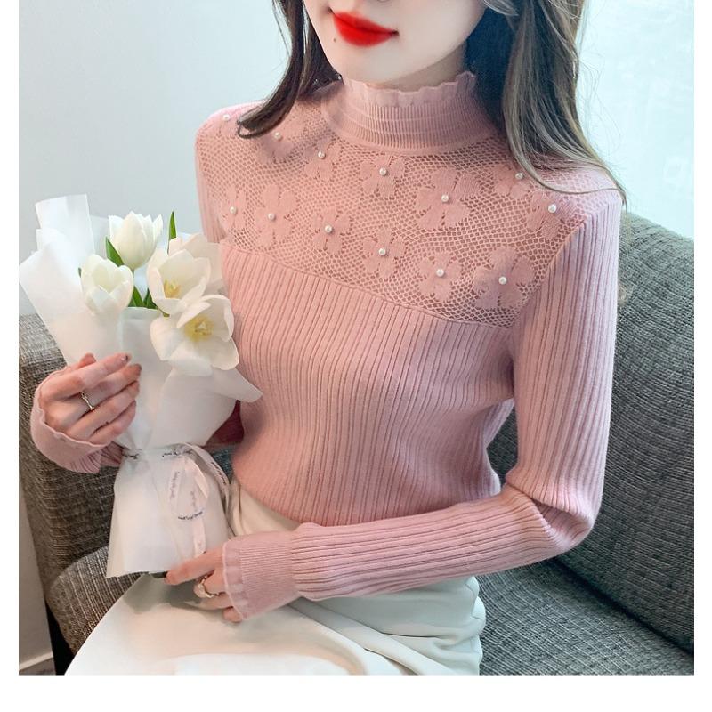Herbst und Winter Damen Pullover Bottoming Shirt Halbhoher Hals ausgehöhltes gestricktes Bottoming Shirt Schlanke, vielseitige Langarmbluse