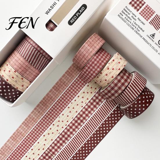 Office Desk Organization Tape 6 Rolls Plaid Washi Set, Grid Checkered Pattern Masking Tape, Self Retro Adhesive Decorative for DIY Crafts, Journal,