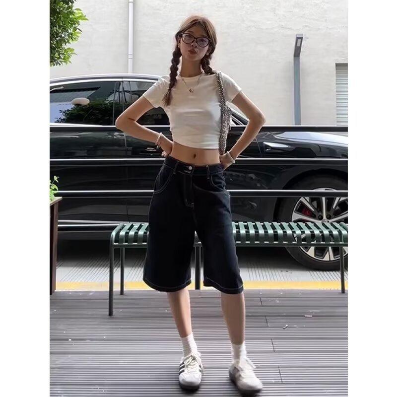 American-style black denim shorts for women, summer high-waisted slimming straight loose versatile 5-point wide-leg mid-length pants
