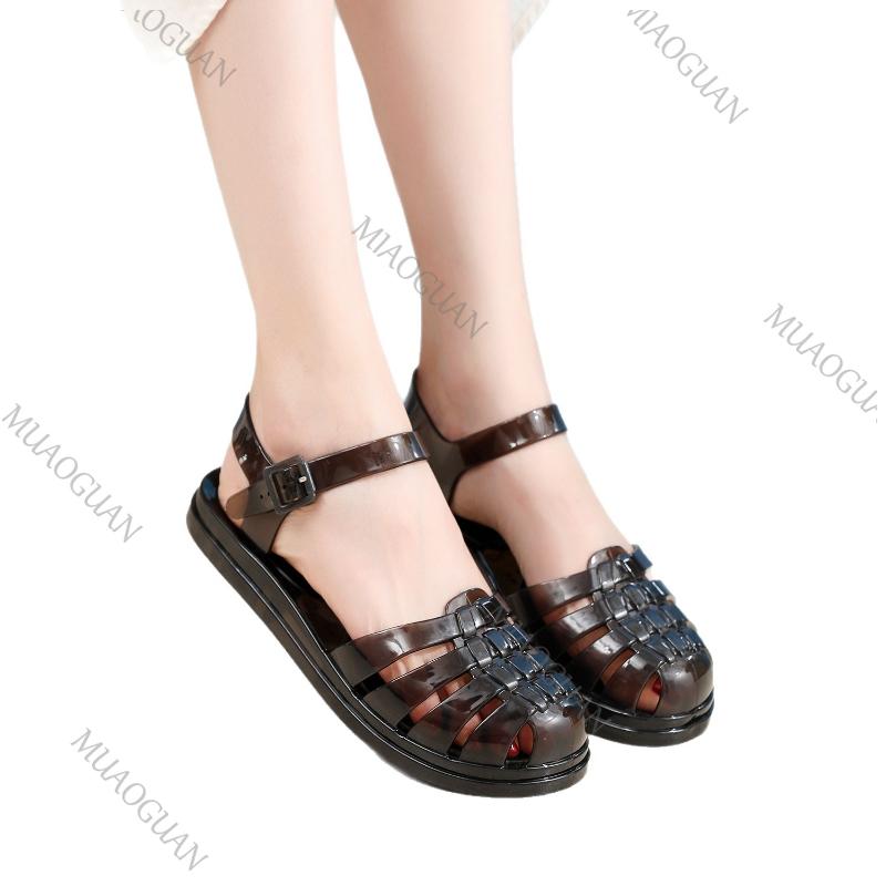 Women s Jelly Sandals Flat Heel Summer Roma Sequins Jelly Shoes Home Outdoor Footwears RetroTransparent Adjustable PVC Slippers 36