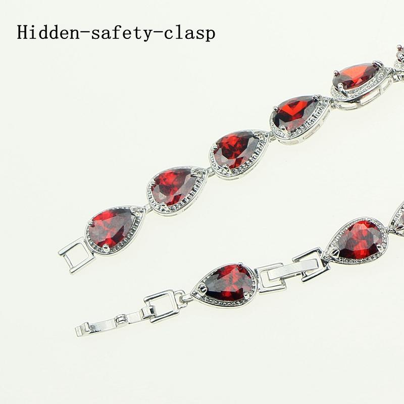 Water Drop Red Garnet CZ 925 Silver Jewelry Length 21cm Link Chain Bracelet for Women Free Gift Box