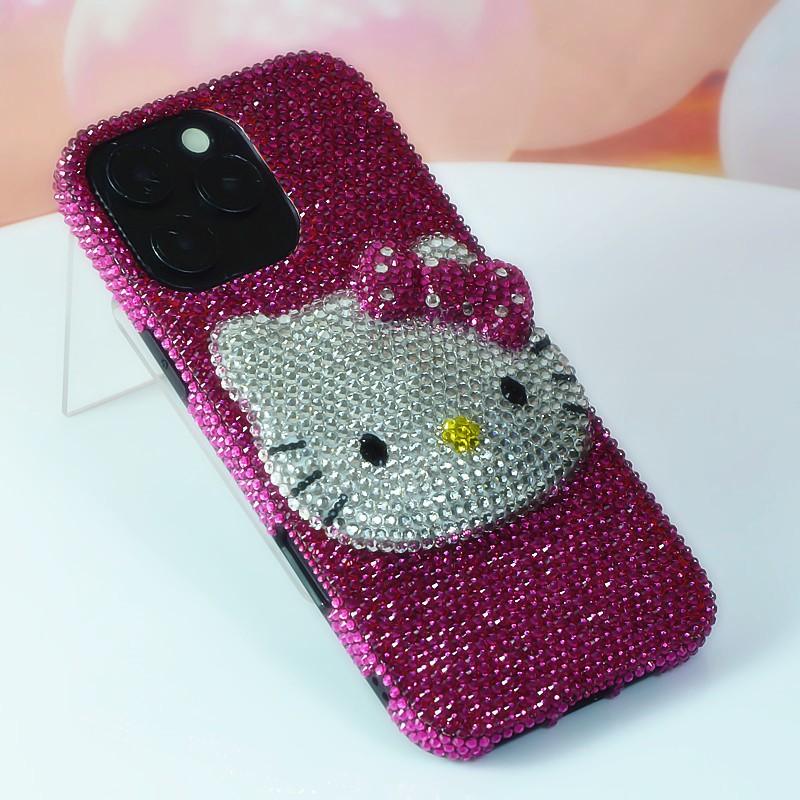 Pink Rhinestone Head Kitty Phone Case IPhone 17 Pro Max 16 15 14 13 Series Soft Silicone Cover Anti-Slip Shockproof