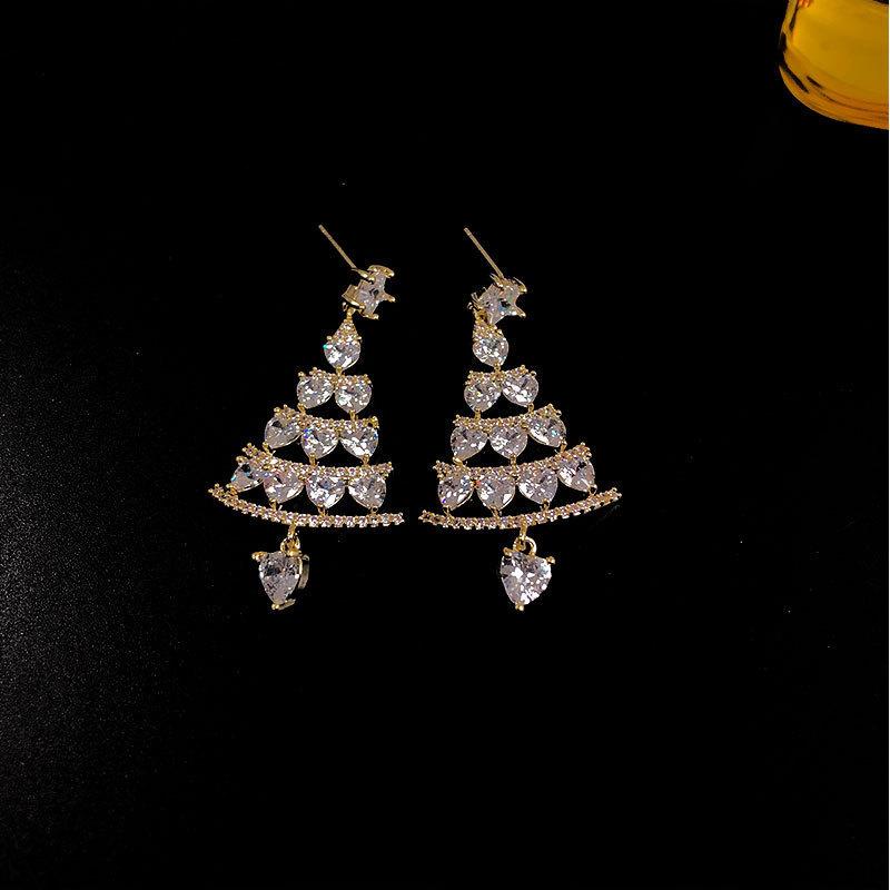 Shiny Christmas Tree Zircon Crystal Star Silver Plated Earrings Stud For Women Dangle Xmas Party Jewelry Party Gift