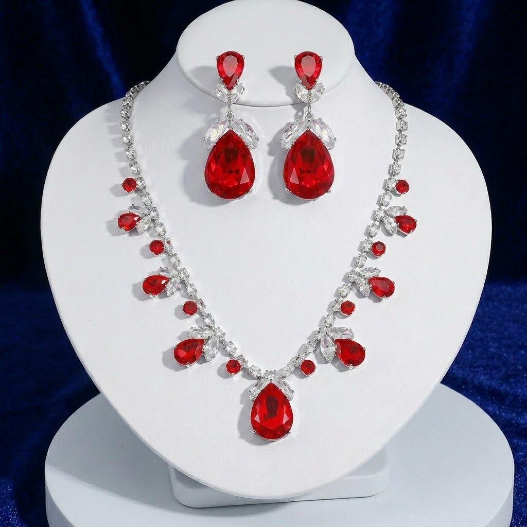 European Style Zircon Red Water Drop Tassel Necklace & Earrings Set
