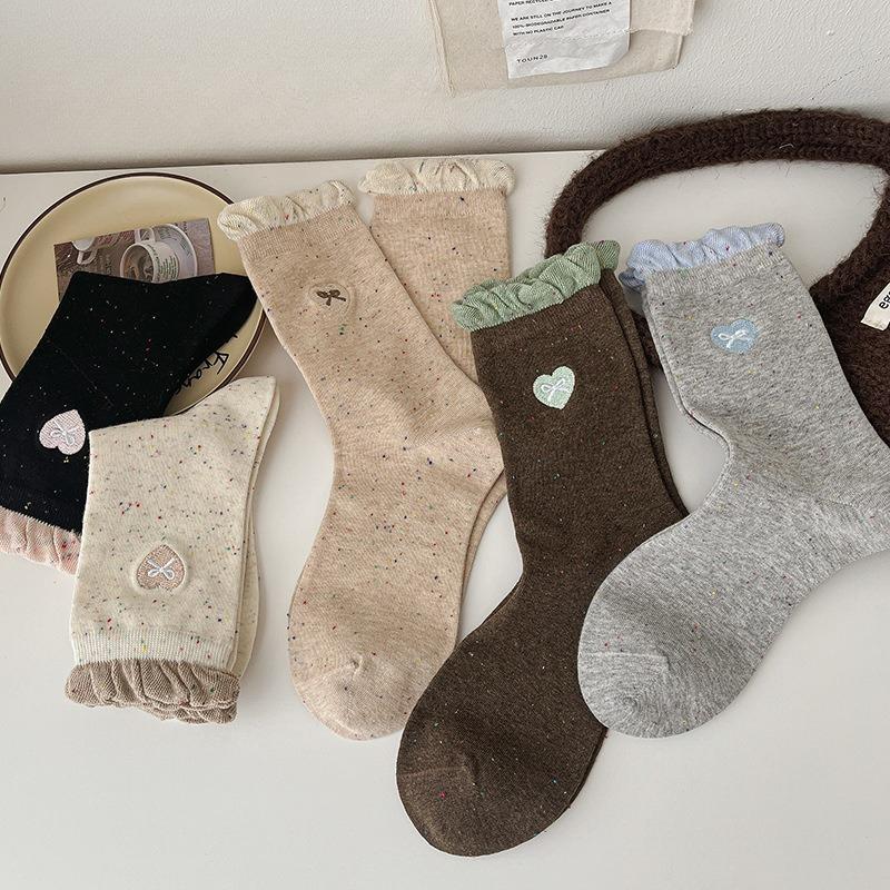 Lace Socks for Women, Mid-calf for Autumn and Winter, Heart-shaped Embroidered Dot Yarn Trendy Socks, Boneless Socks