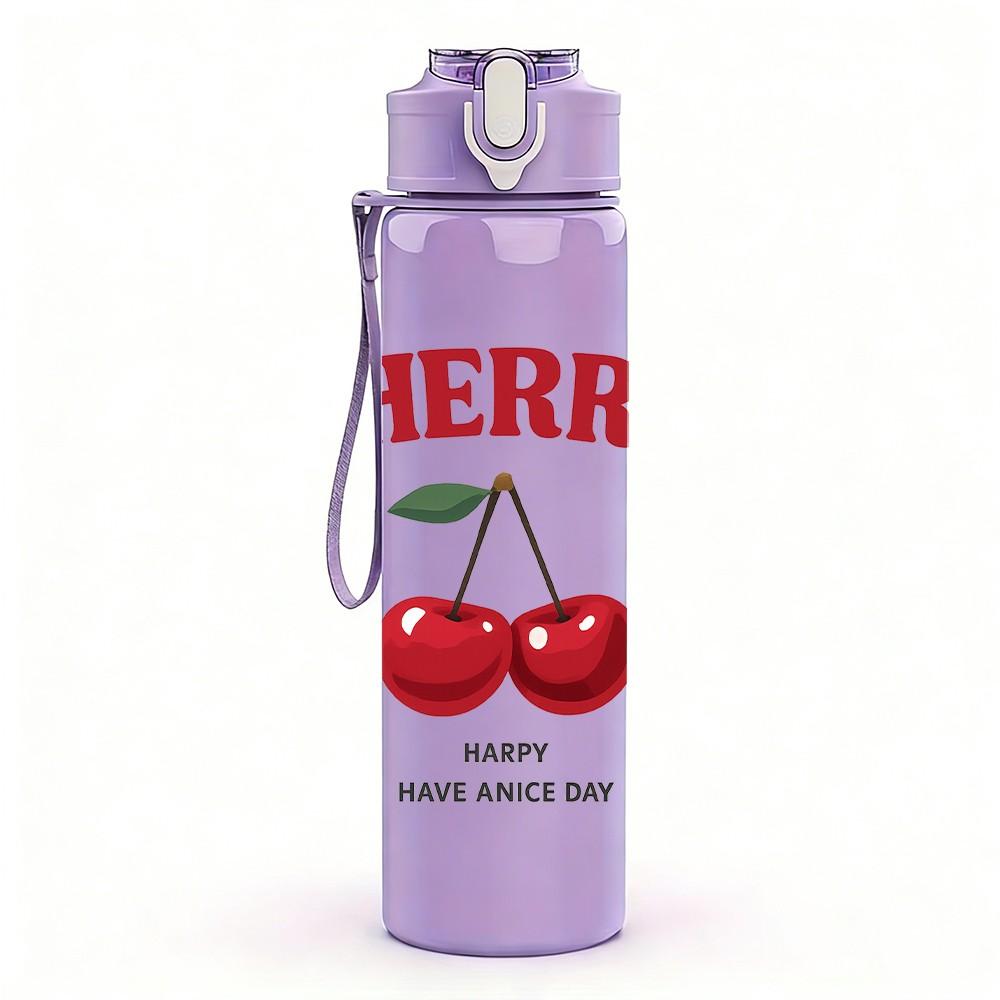 1PC Cherry Fruit Letter Logo 750ml Color Plastic Sports Water Bottle Leakproof Flip Straw Lid Suitable for Sports Office Home Use