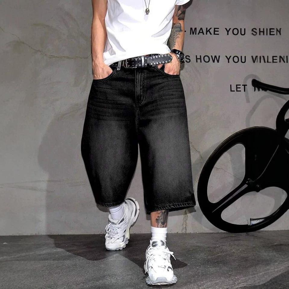 Men's Street Trend Denim Cropped Pants Black Old Loose Edition Summer Casual Jeans