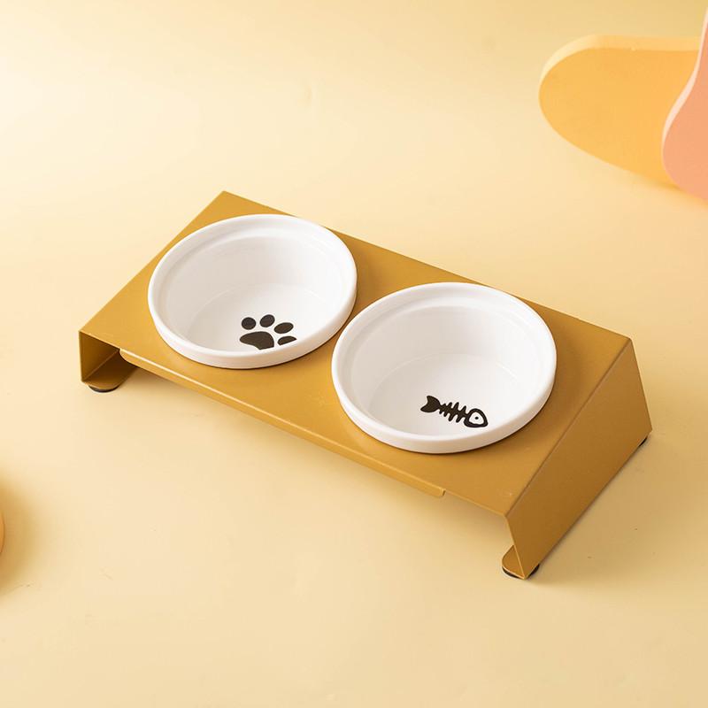 Cartoon Pet Dog Cat Bowl Ceramic Bowl Iron Frame Table Into A Kitten Skid Resistant Double Bowl Small Dog Food Feeder
