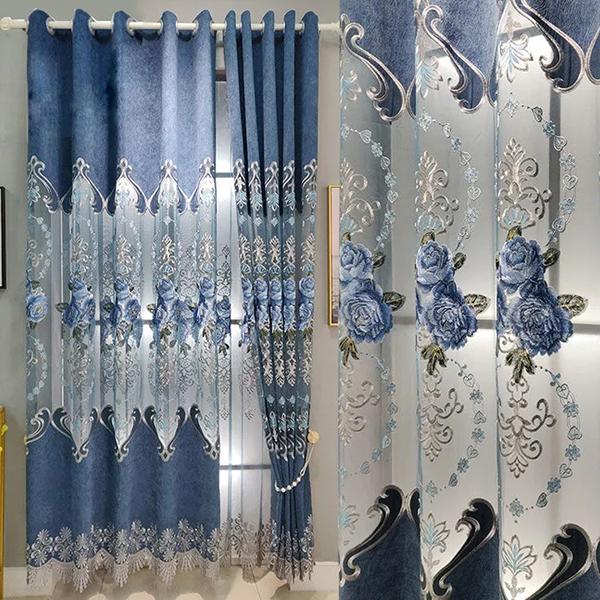2PCS High Grade Chenille Large Hollowe Out Embroidered European Style Single Layer Cloth Curtains Living Room Balconies, Finished Blackout Curtains