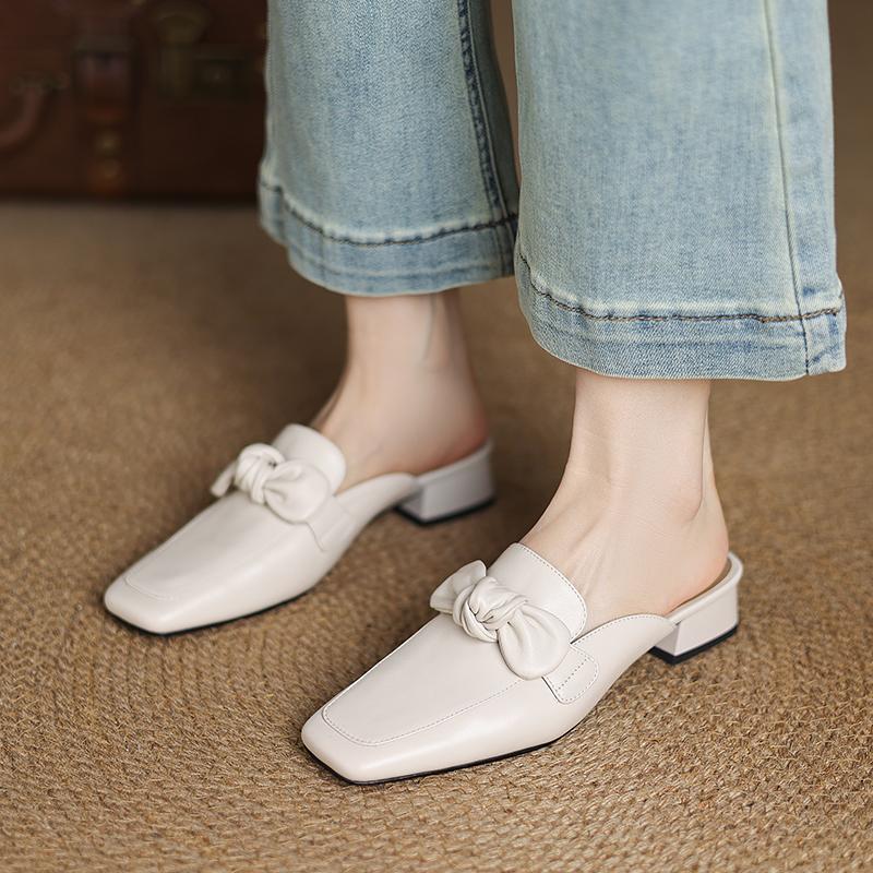 Fashion 2025 Women Shoes Genuine Leather Square Toe Women Sandals Solid Modern Sandals for Women Chunky Heel Bowknot Women's Mules Shoes
