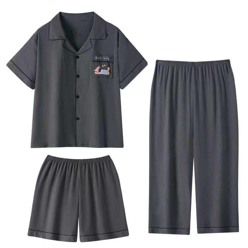 Men's Summer Cotton Pajamas 3-Piece Set: Short Sleeve Top, Long Pants, Casual Thin Shorts Home Wear