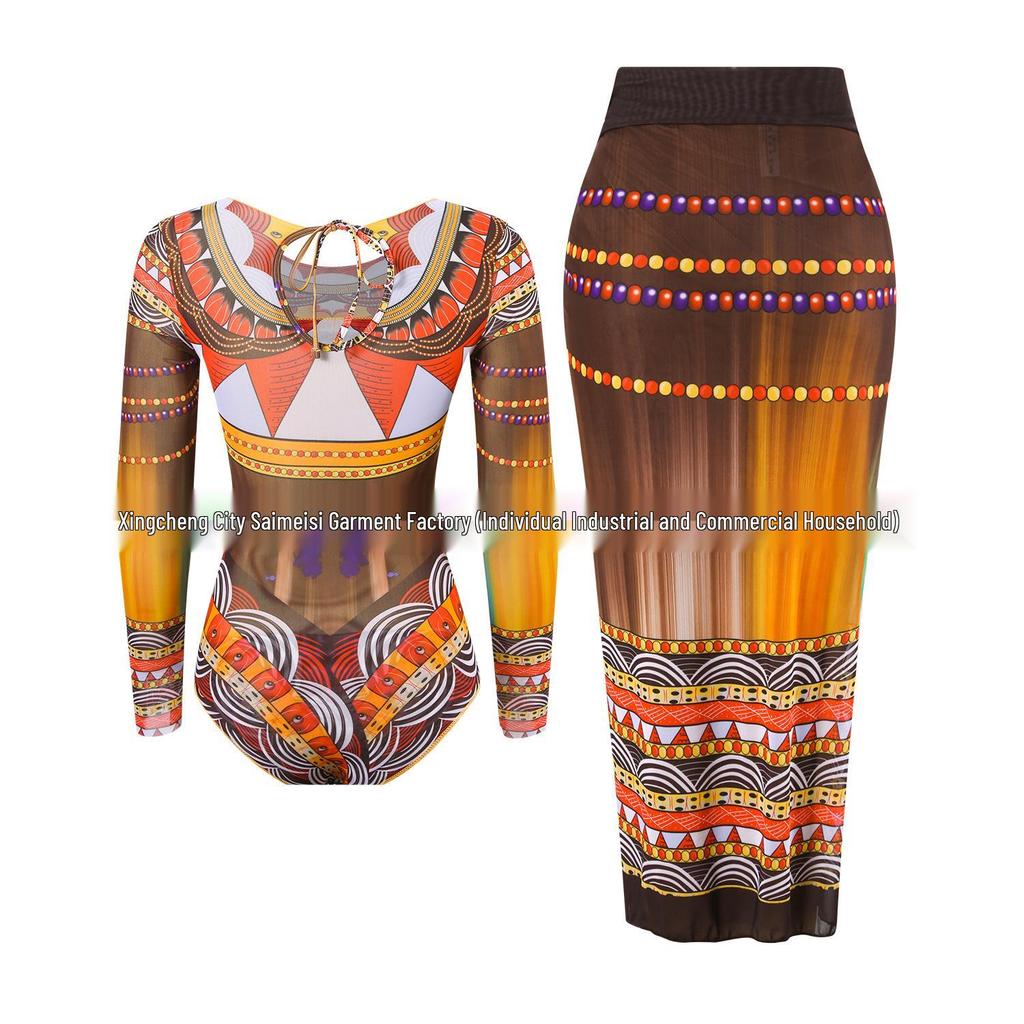 Women's Two-Piece Long-Sleeve Mesh Swimsuit with Sun Protection & Skirt