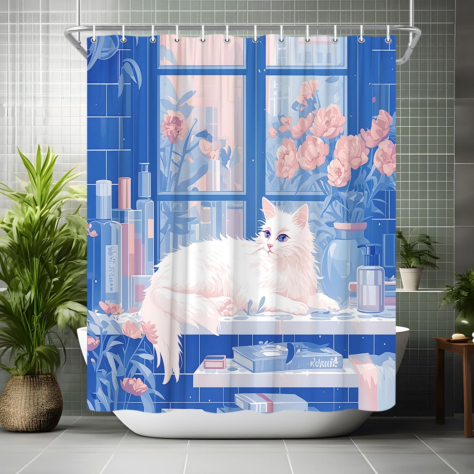 

Cozy Cat Window Shower Curtain - Whimsical Feline & Floral Theme For Bathroom Decor, Adds Charm And Playful Atmosphere W60H190(CM)-1 Pcs