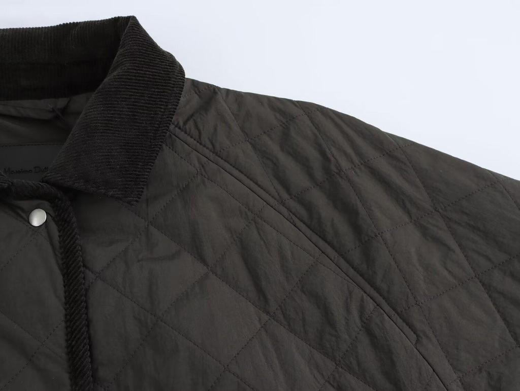 2024 Autumn Women's European & American Style High Neck Diamond Pattern Short Cotton Jacket