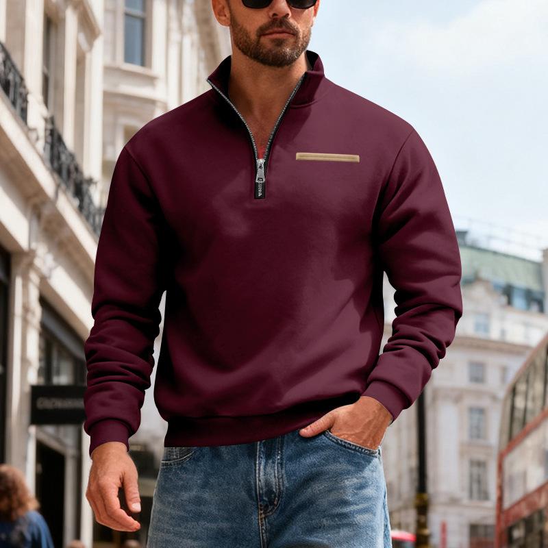 Men's Casual And Trendy American- Fleece Heavy-duty Loose Hoodie, Men's Warm Stand-up Collar Semi-pull Connection Solid Color Sports Hoodie